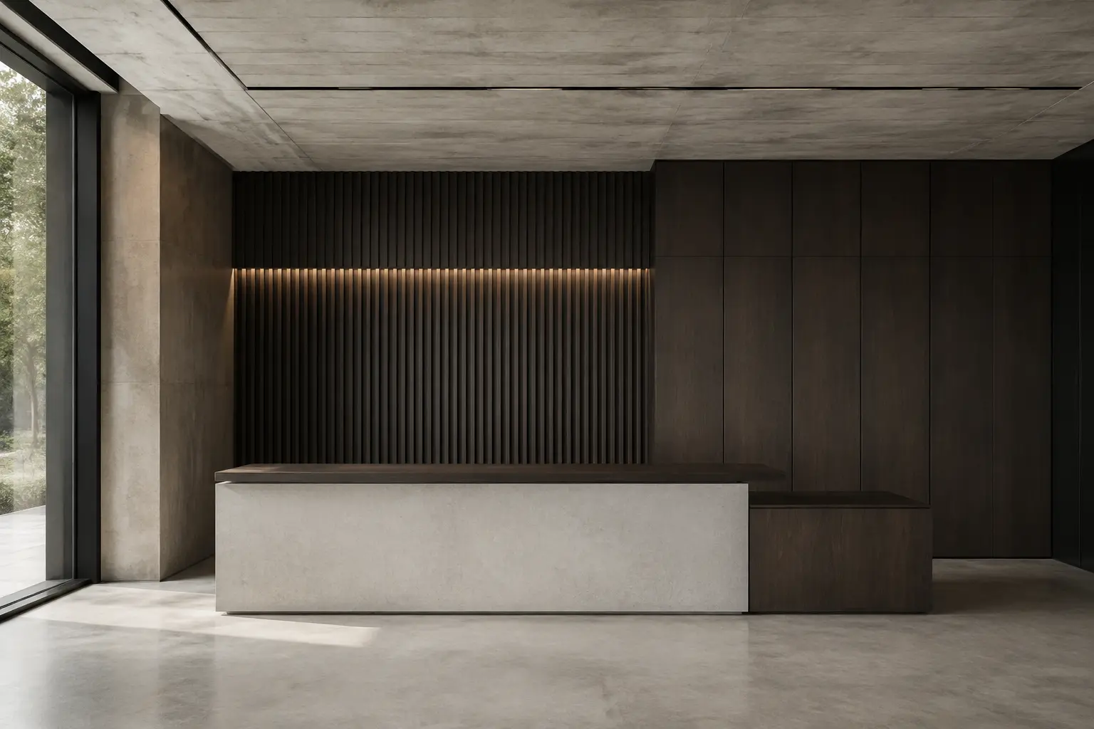 AI concept: commercial reception joinery with dark oak panels and a concrete counter